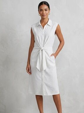VICI Striped Tie Front Midi Shirt Dress Linen Cotton Blend Size Small